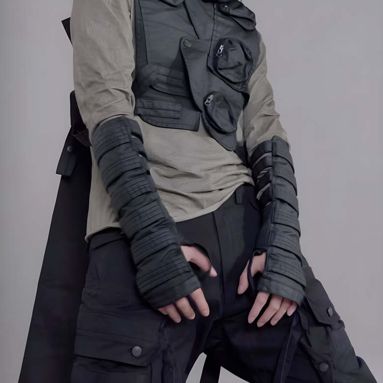 A model wearing wasteland sleeve gloves from the front view, emphasizing their protective and stylish appearance Canada.