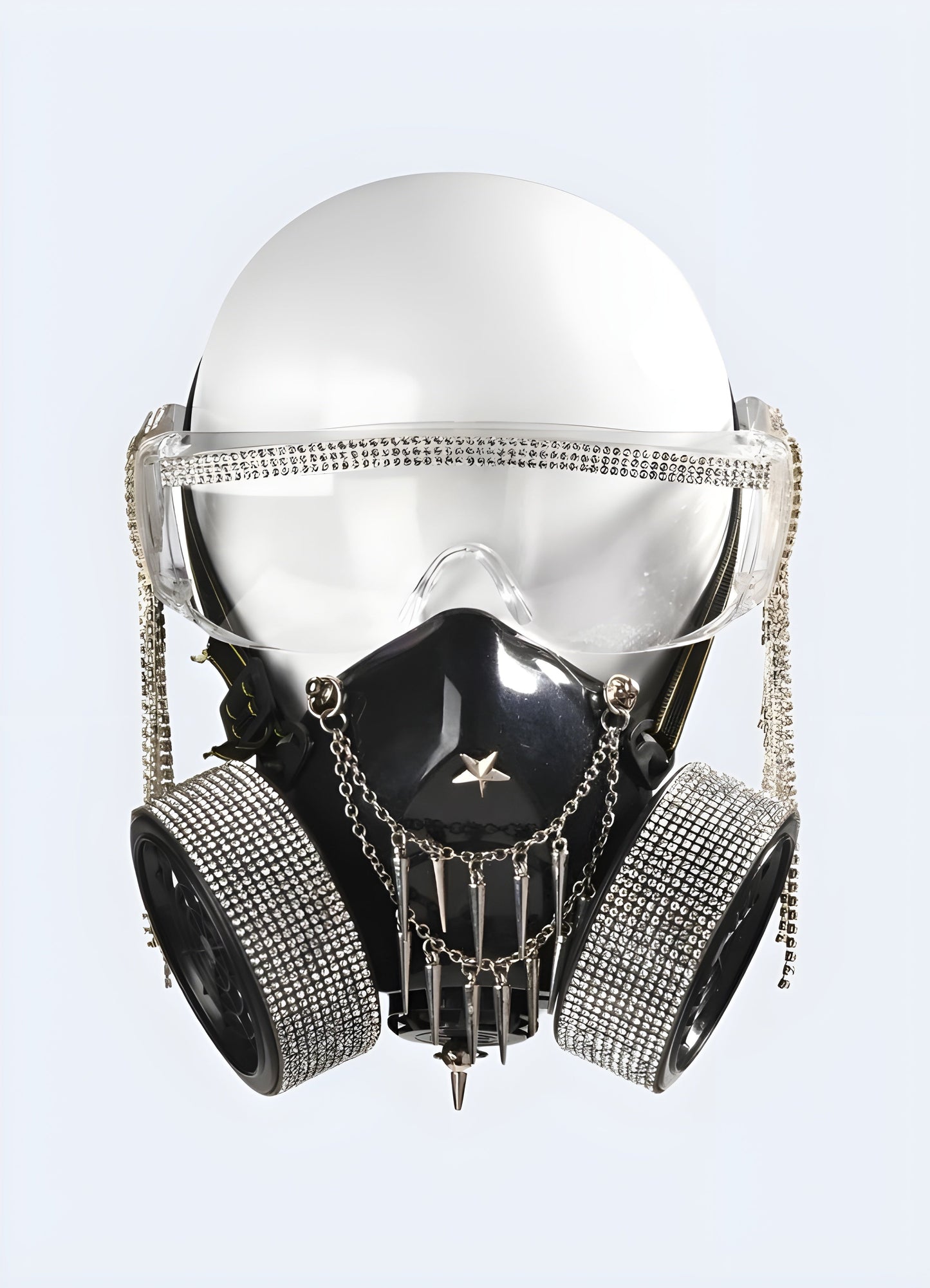 Cyberpunk girl mask displayed from the front view and side view. A model wearing the cyberpunk girl mask with glasses is shown from the front view, emphasizing the fusion of futuristic aesthetics.