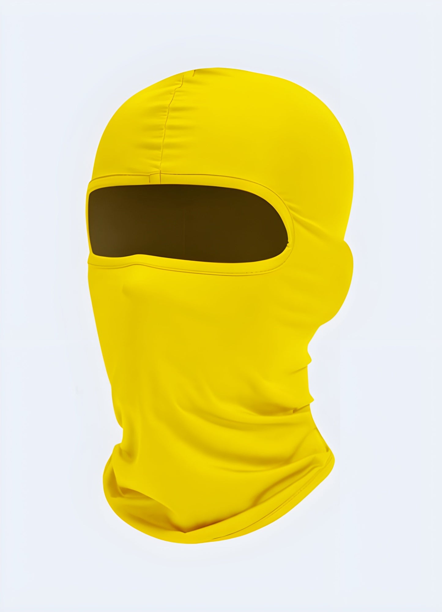 A front-side view of a yellow techwear balaclava, showcasing its stylish design and functionality, available in Canada.