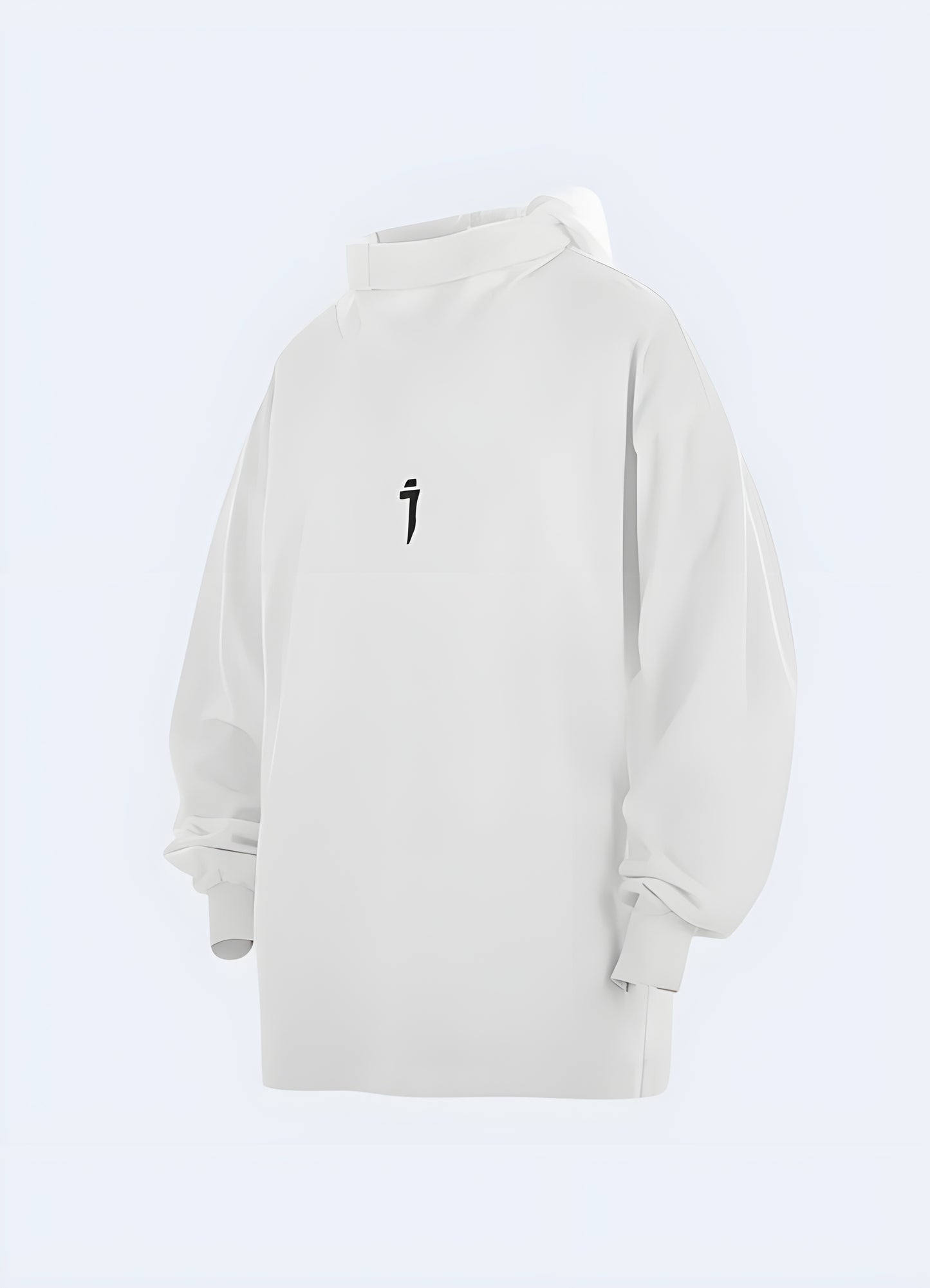 White techwear hoodie, front view, modeled in Canada, emphasizing its modern aesthetic and practical features.