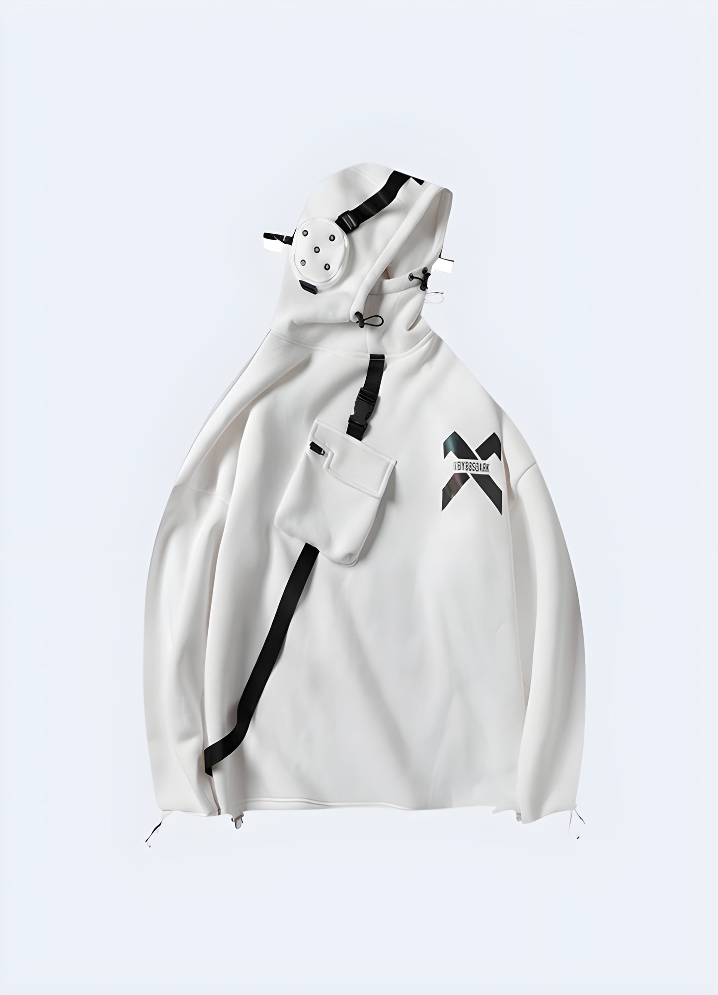 Front view of a white techwear hoodie in Canada, highlighting its minimalist design and contemporary streetwear appeal.