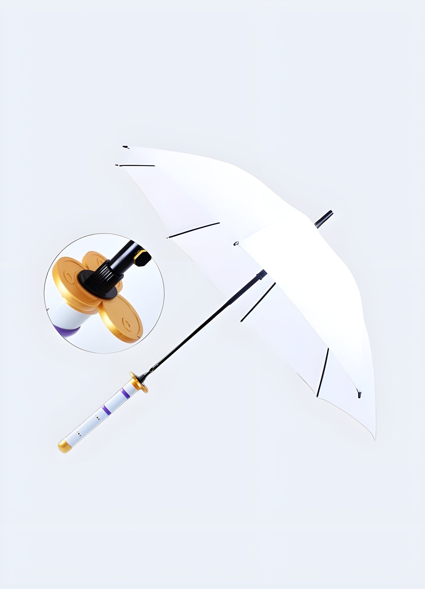 A white umbrella-style katana adorned with yellow fur trim. The umbrella is open, displaying the cheerful yellow fur against the white canopy Canada.