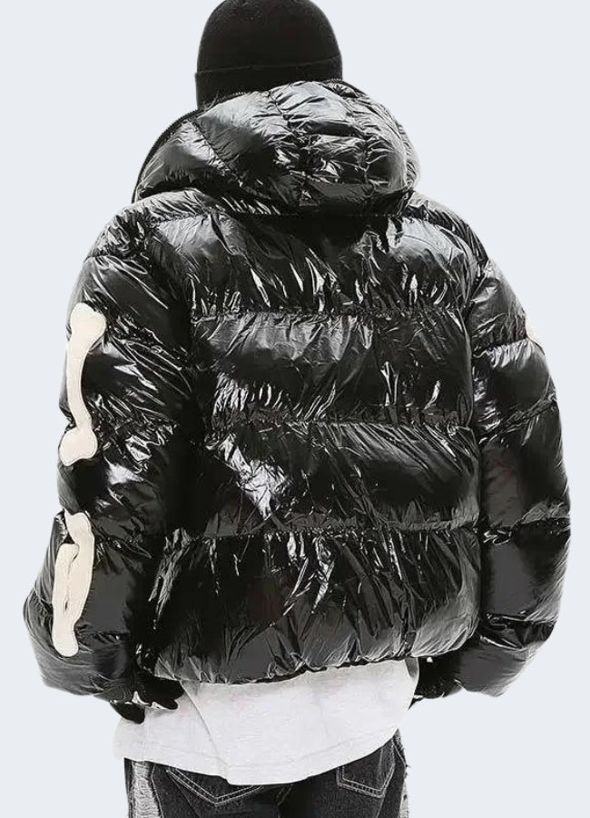 Stylish black down parka with skeleton design on back, side view, perfect for winter fashion in Harajuku style.