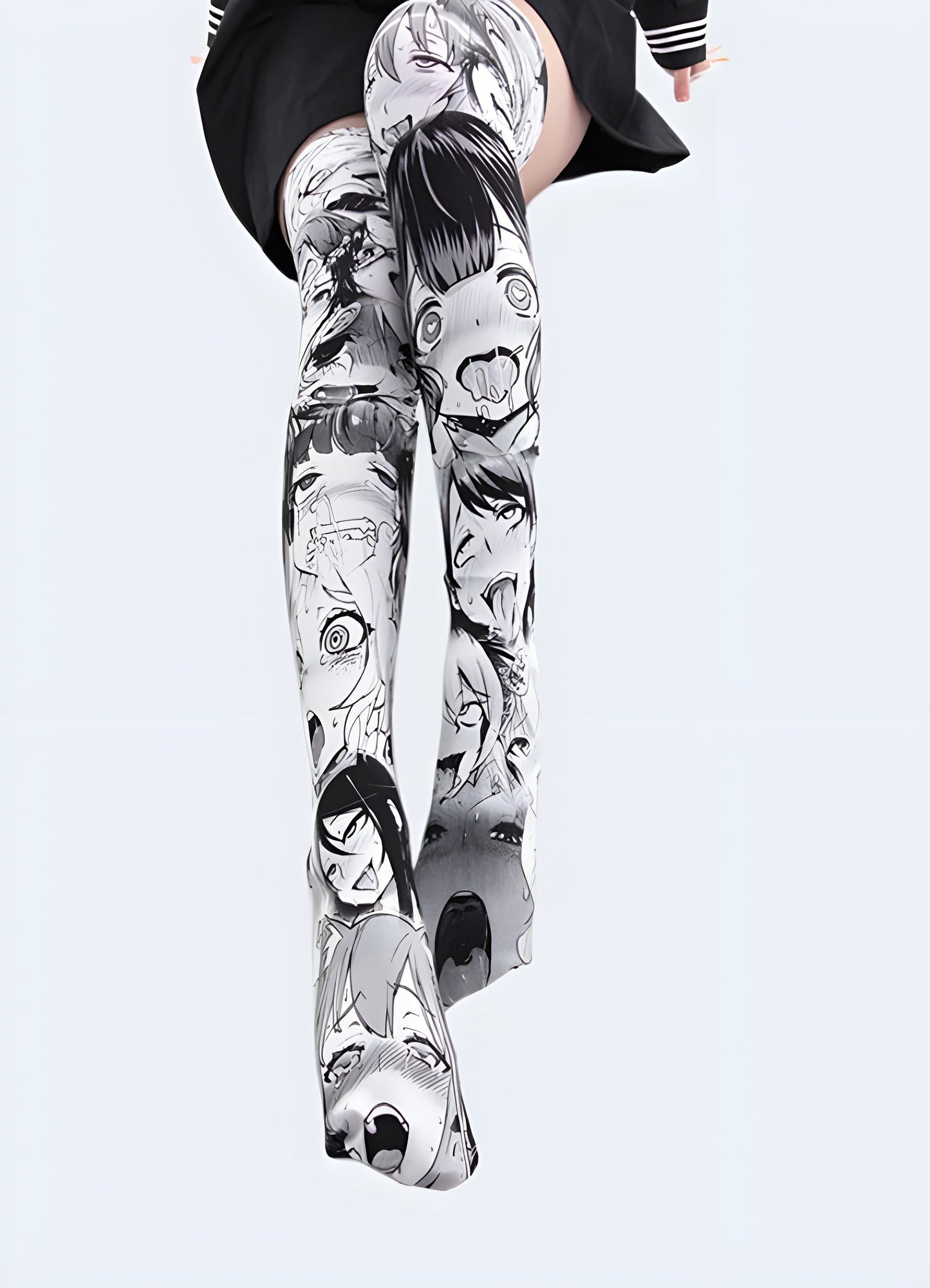 Women wearing black socks with cute anime girl designs, displayed from the front view, ideal for Canada individuals who appreciate the fusion of fashion and Japanese pop culture.