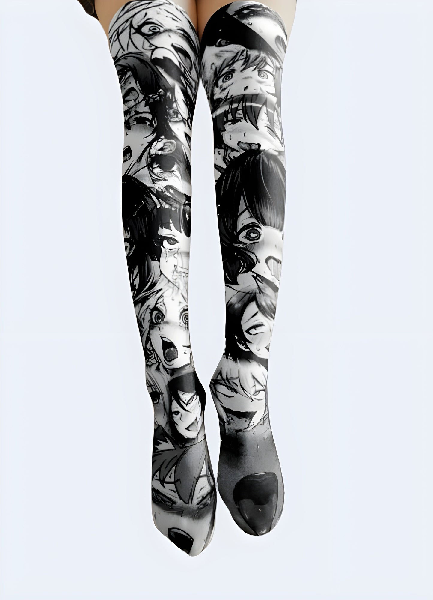 Female model showcasing the front view of anime girl socks, highlighting the charming and colorful artwork that appeals to Canada fans of anime and manga culture.