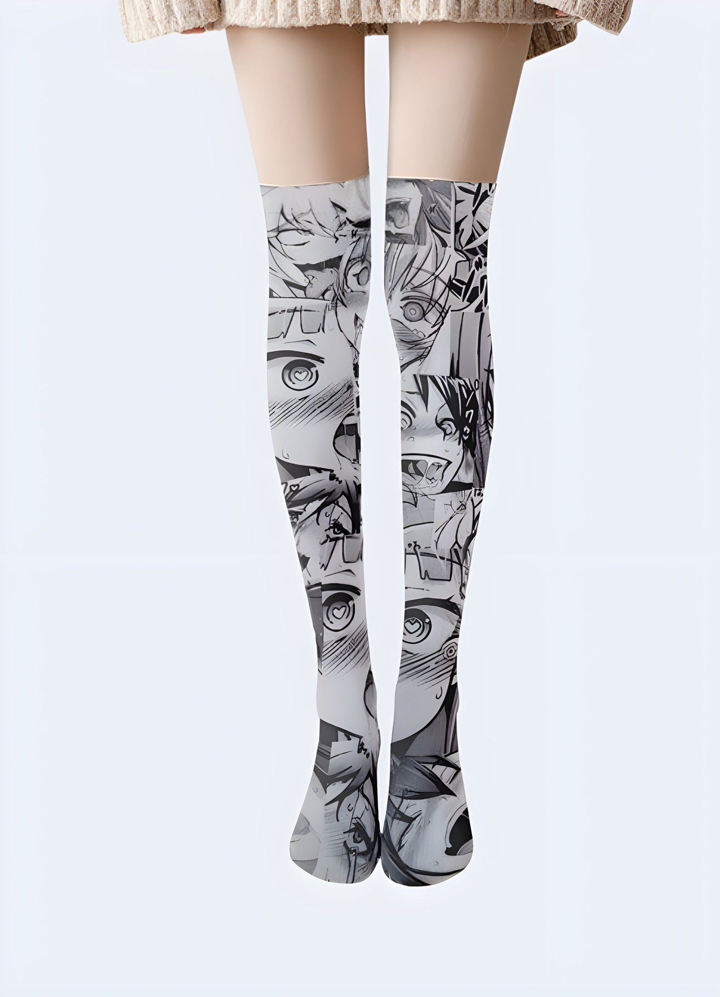 Front view of women wearing grey socks featuring delightful anime girl characters, catering to the tastes of Canada consumers who enjoy expressing their love for anime through fashion.