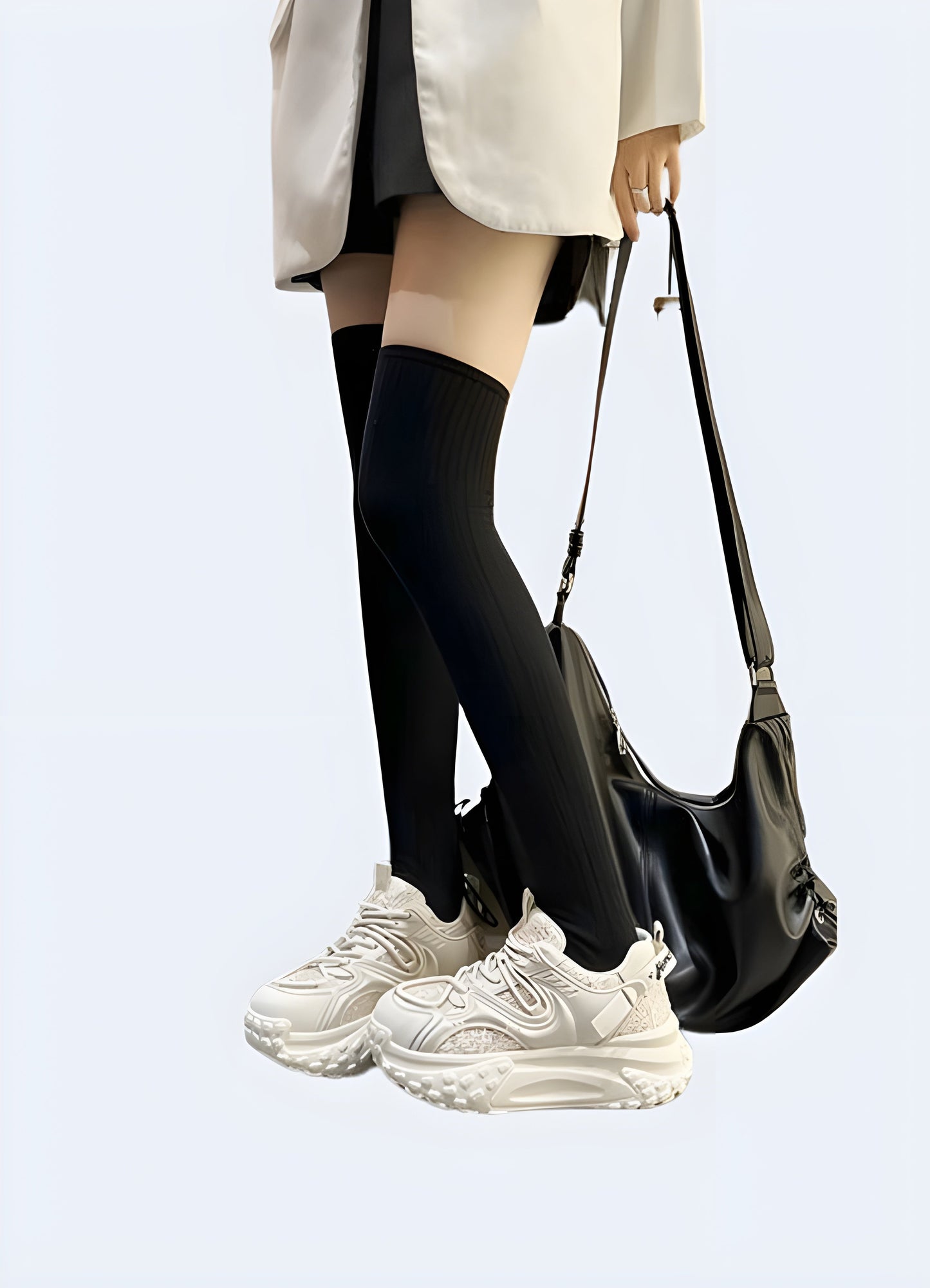 Stylish woman in Canada wearing white side view of women's techwear high-sole sneakers, perfect for combining comfort with contemporary fashion.