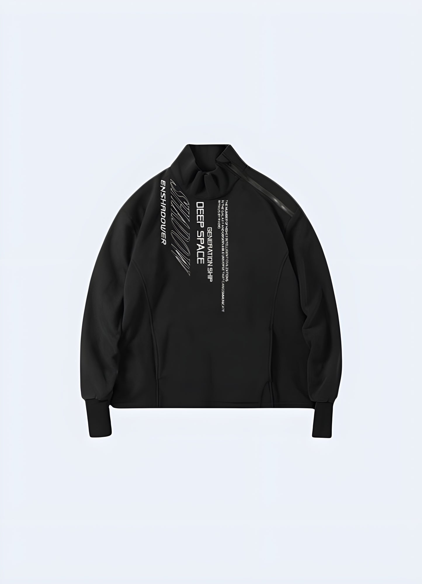 Front view of women's cyberpunk black fleece pullover in Canada, showcasing its edgy design and practicality.
