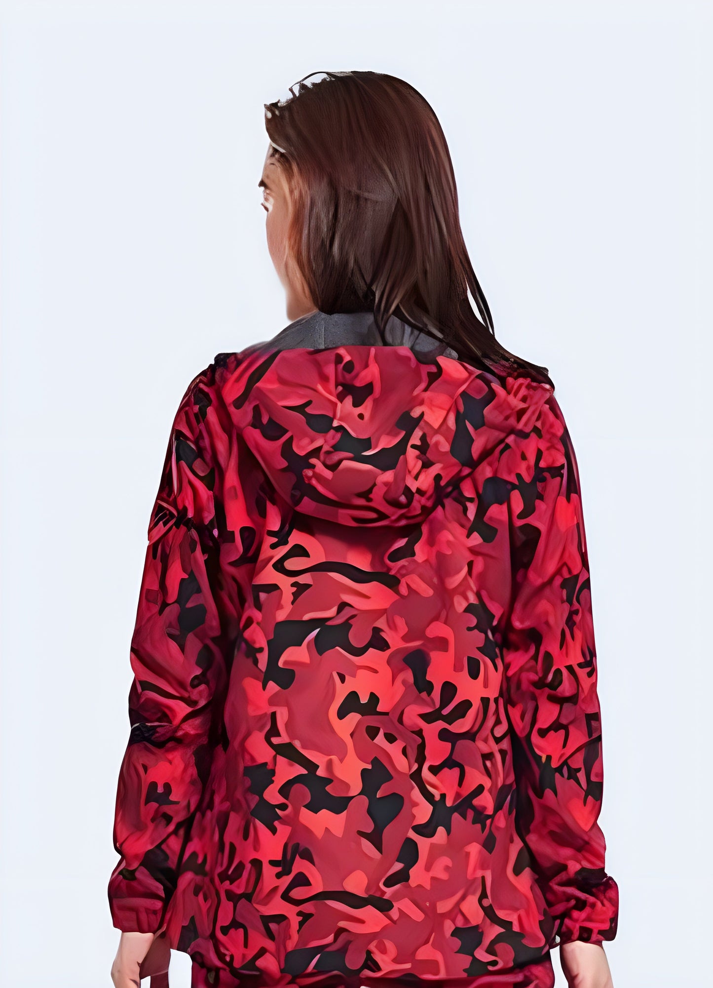 Back view of a women's red camouflage tactical jacket featuring a cinched waist and additional storage pockets, perfect for outdoor enthusiasts in the Canada.
