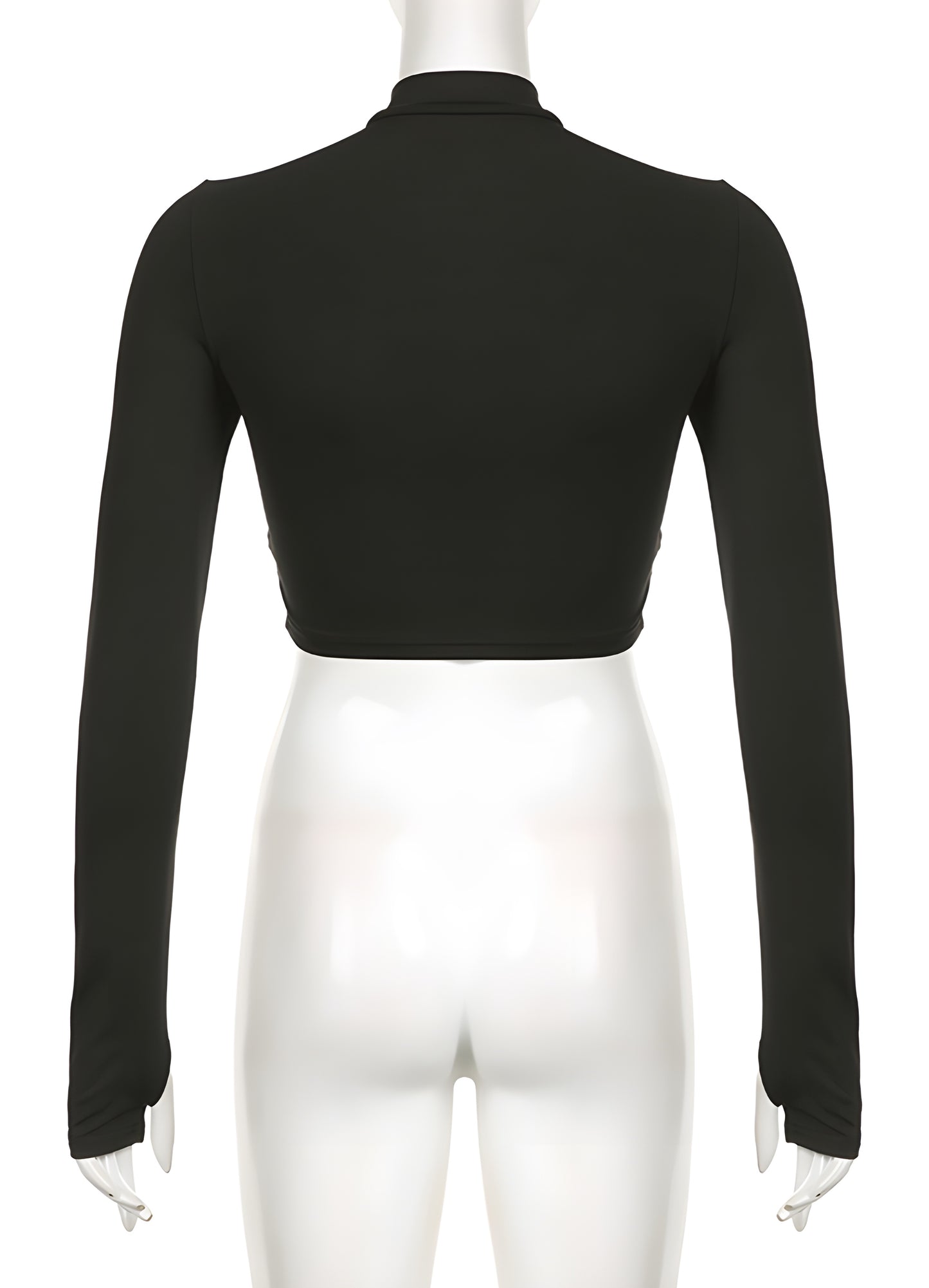 Back view of a woman in a classic black turtleneck bodysuit, showcasing its sleek design and flattering fit. This wardrobe staple is perfect for Canadian fashion enthusiasts who value timeless elegance and versatile style in their everyday outfits.