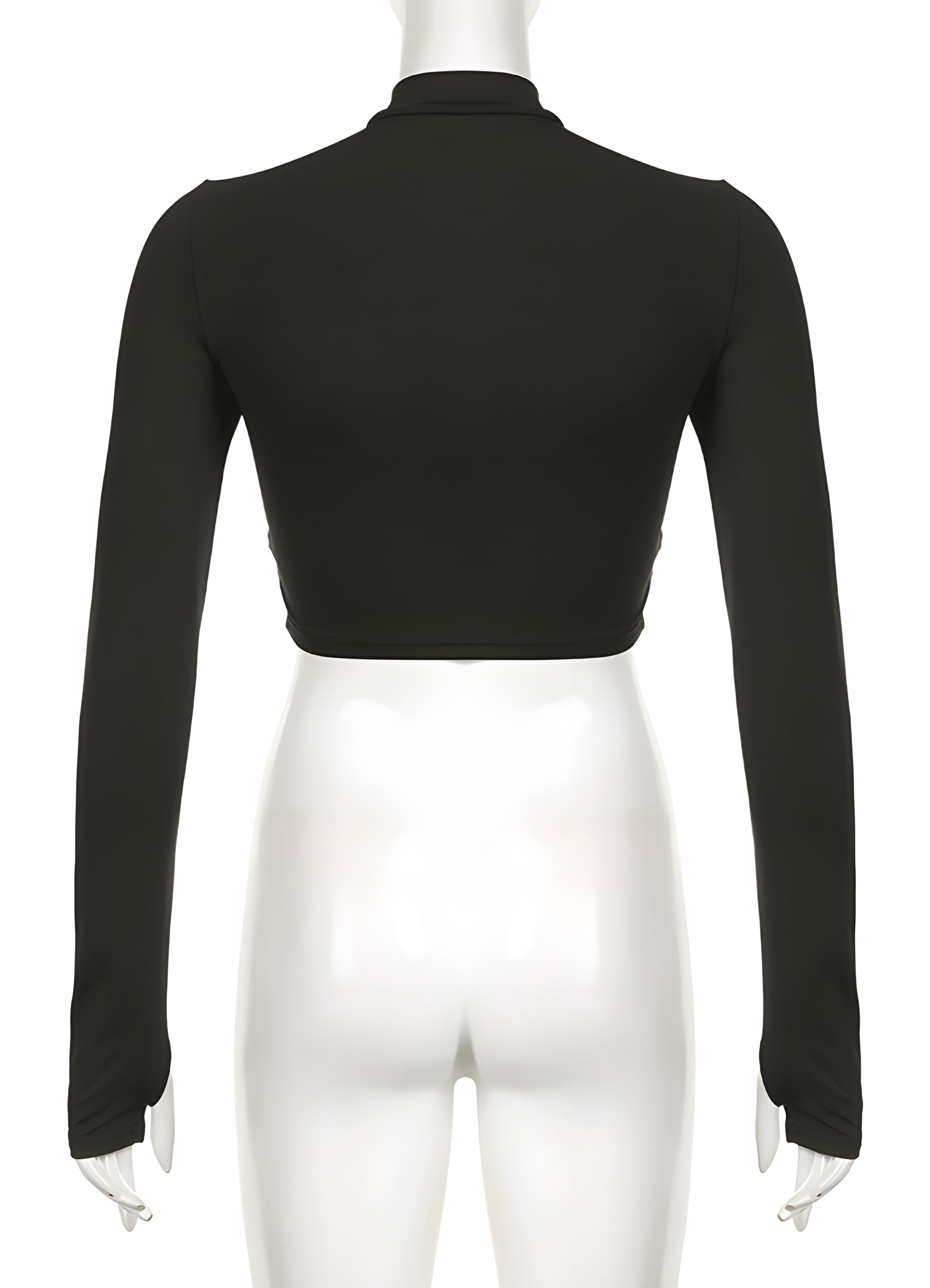 Back view of a woman in a classic black turtleneck bodysuit, showcasing its sleek design and flattering fit. This wardrobe staple is perfect for Canadian fashion enthusiasts who value timeless elegance and versatile style in their everyday outfits.