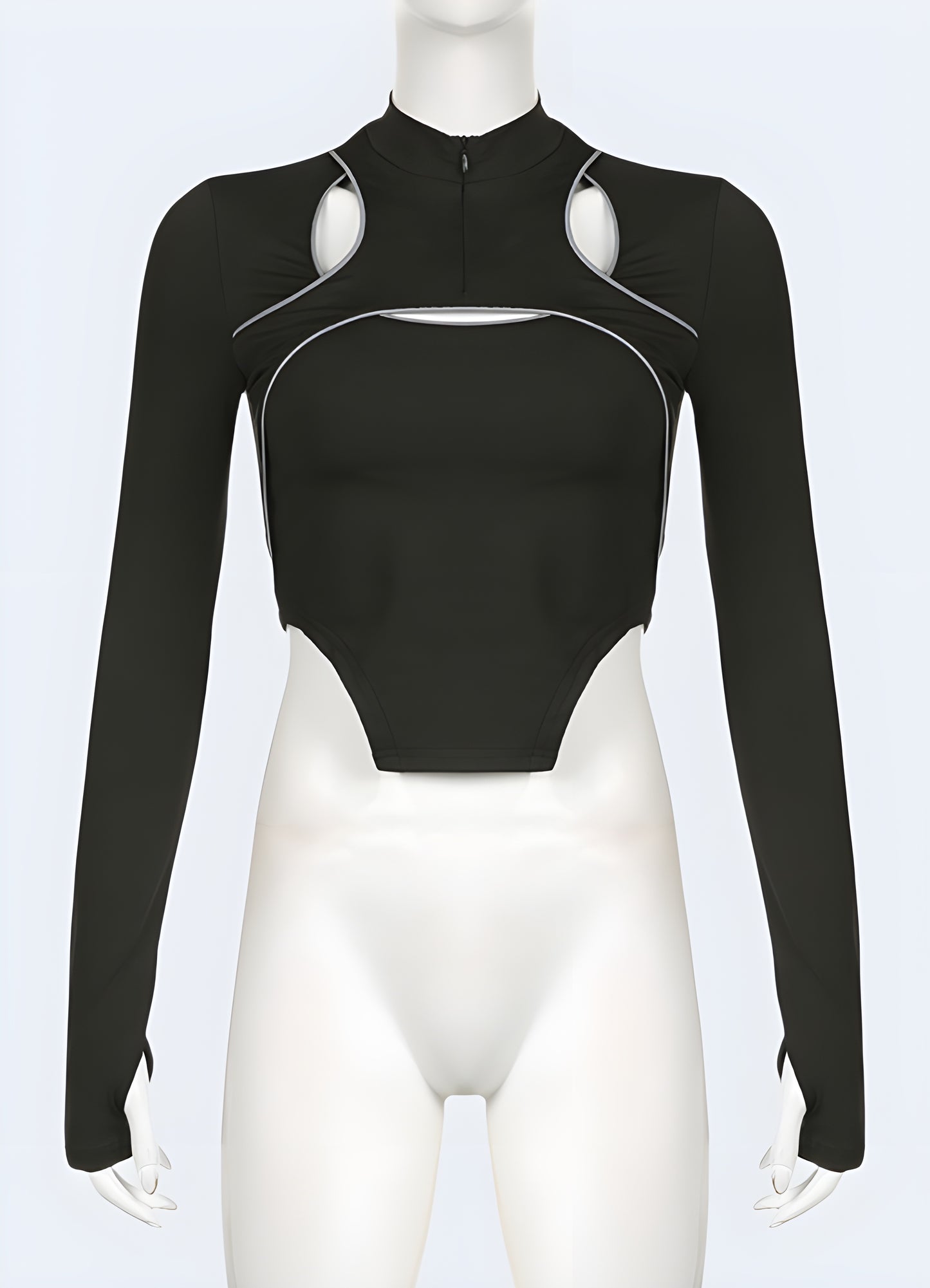 Front view of a woman wearing a classic black turtleneck bodysuit, emphasizing its figure-flattering silhouette and timeless appeal. Ideal for Canadian wearers seeking a versatile, stylish piece that can be dressed up or down.