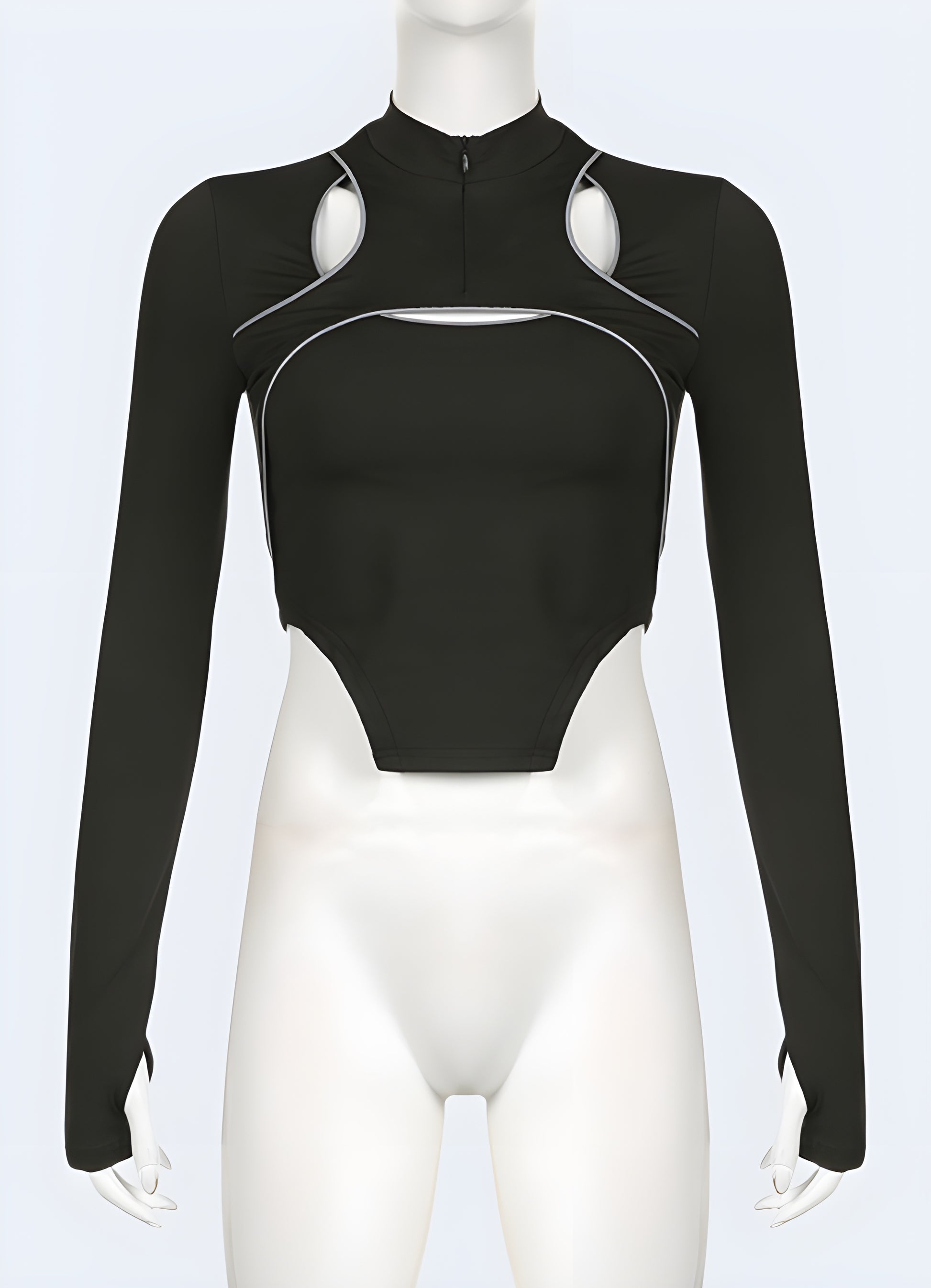 Front view of a woman wearing a classic black turtleneck bodysuit, emphasizing its figure-flattering silhouette and timeless appeal. Ideal for Canadian wearers seeking a versatile, stylish piece that can be dressed up or down.