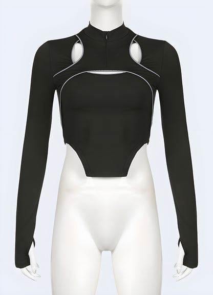 Front view of a woman wearing a classic black turtleneck bodysuit, emphasizing its figure-flattering silhouette and timeless appeal. Ideal for Canadian wearers seeking a versatile, stylish piece that can be dressed up or down.