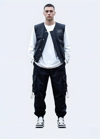 Male model in minimalist techwear outfit featuring japanese techwear pants, white long-sleeve shirt, and tactical vest, styled with urban sneakers on clean background.