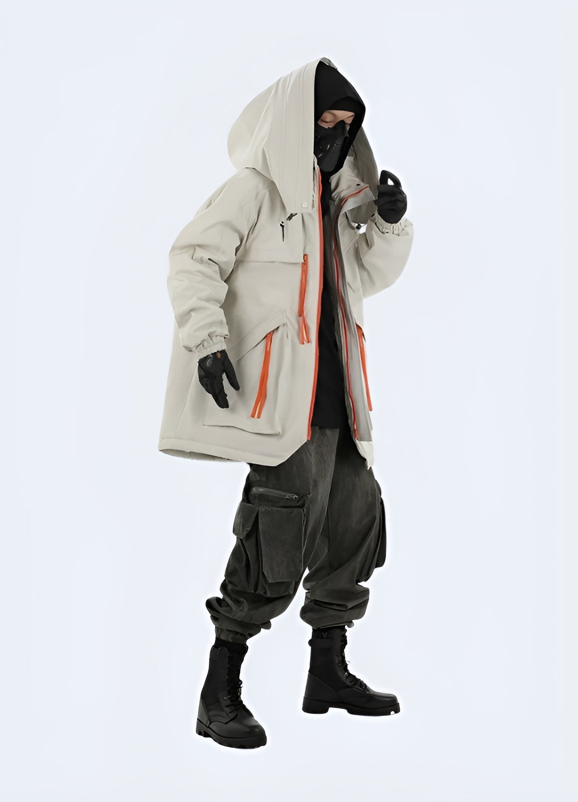 Side view of a man wearing an Enshadower jacket with zippered pockets, emphasizing its ergonomic fit, practical storage options, and contemporary style, ideal for fashion-forward individuals in the Can urban fashion scene.da