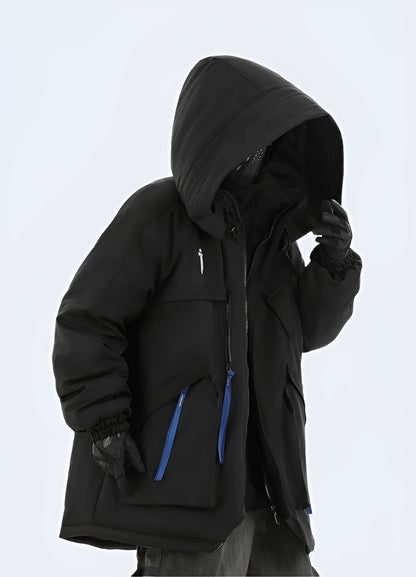 Side view of a man wearing an Enshadower jacket with zippered pockets, highlighting its streamlined silhouette, high-quality materials, and urban appeal, perfect for Canada trendsetters looking for a versatile jacket for everyday wear.