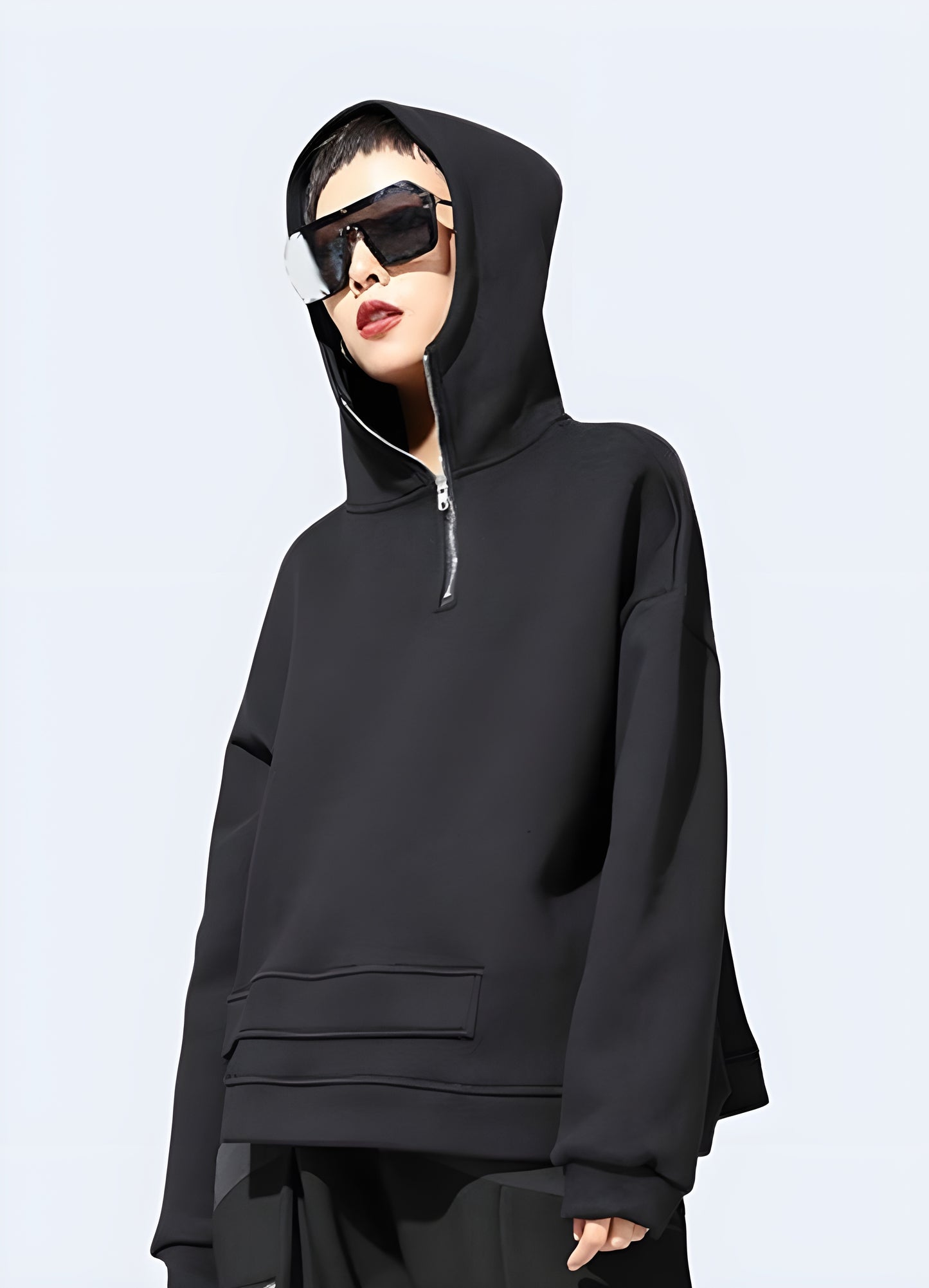  Asymmetrical techwear hoodie with a futuristic design, available in Canada. Perfect for cutting-edge street fashion.