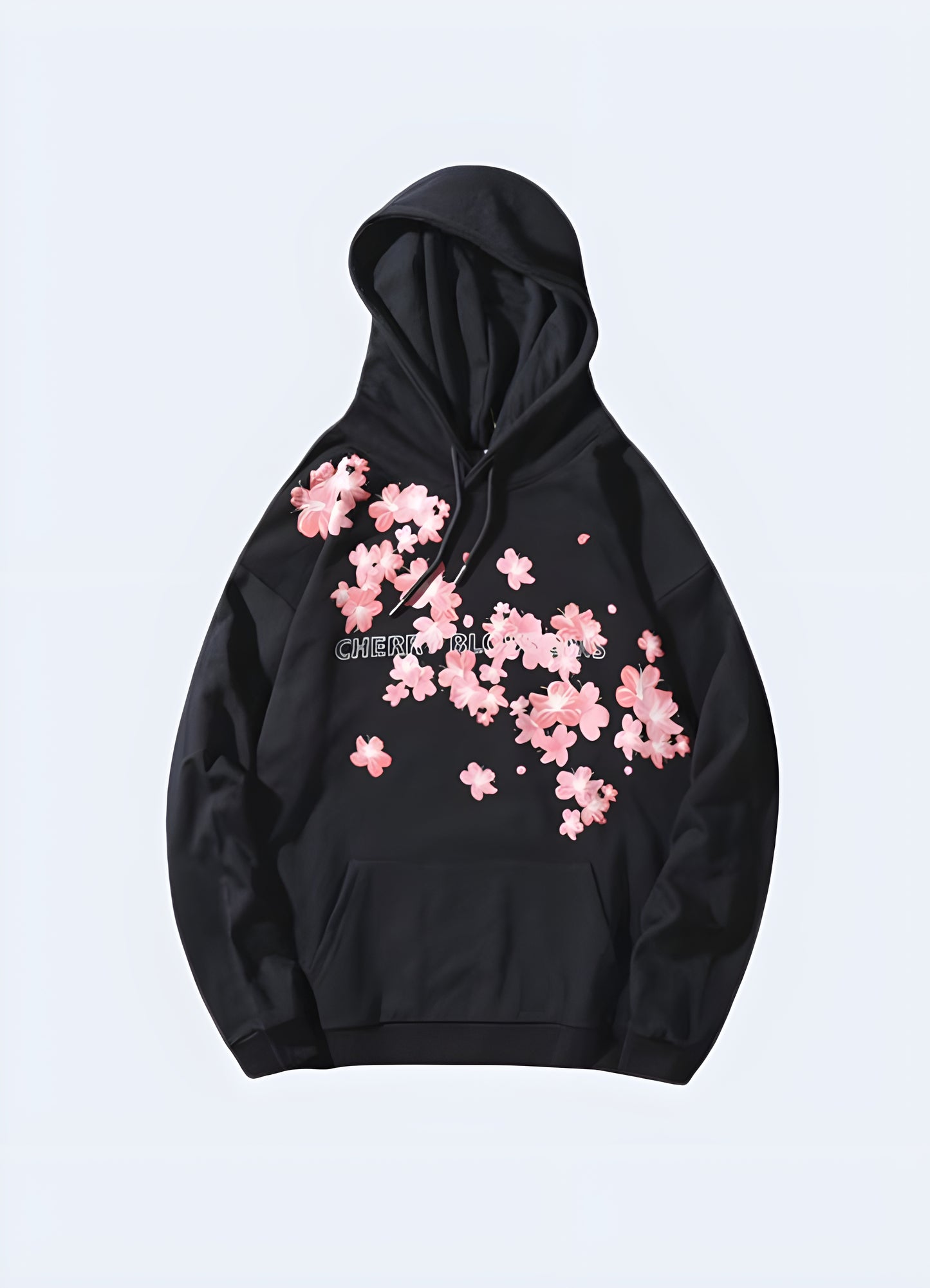 Woman wearing a women's Sakura Harajuku hoodie, black, front view, trendy urban fashion in Canada.