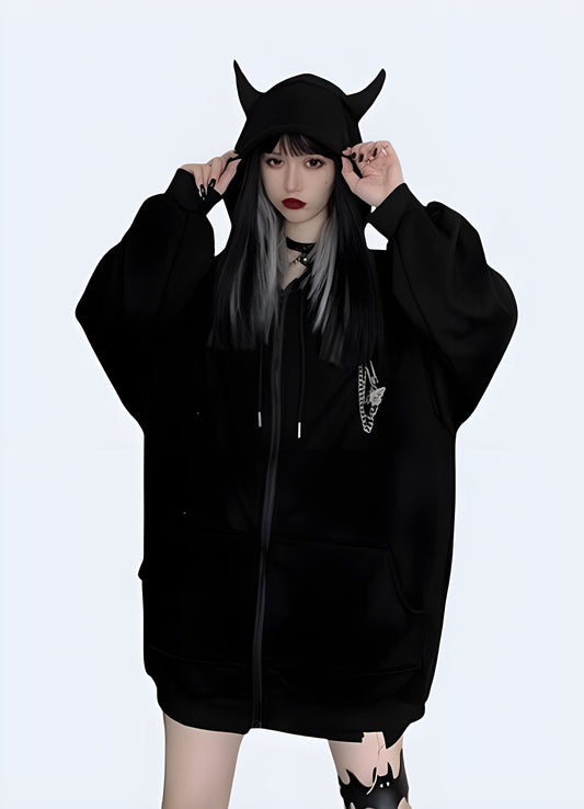 Women's techwear black hoodie with horns, featuring a stylish urban design, in Canada.