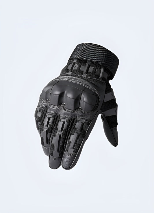 Front view of green tactical airsoft gloves featuring padded knuckles and a durable material, designed for enhanced protection and grip during airsoft games in the Canada.