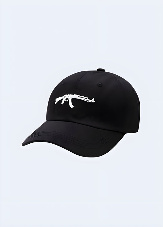 Embroidered AK-47 motif curved bill with mesh back black cap Canada. 