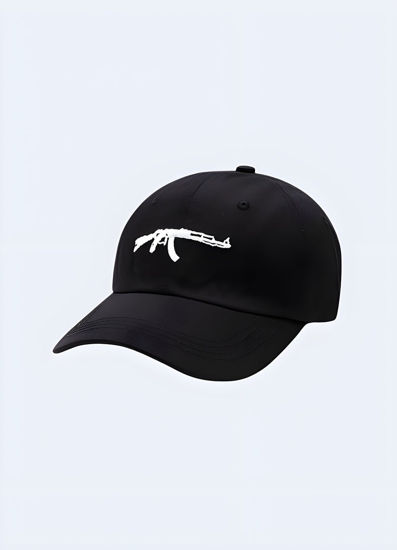 Embroidered AK-47 motif curved bill with mesh back black cap Canada.