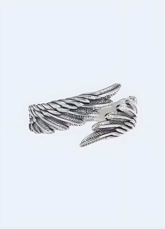 Angel feather ring shown from the front and side view, displaying its intricate feather design and detailed craftsmanship Canada.