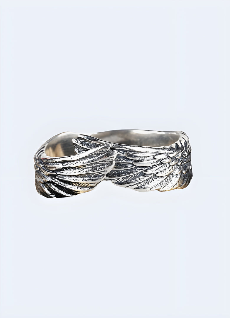 Angel feather ring showcased from the front view, emphasizing its elegant feather motif and overall design Canada.