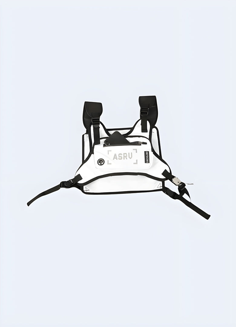 It features adjustable straps that cross over the chest and includes various compartments with zippers and functional pockets Canada.