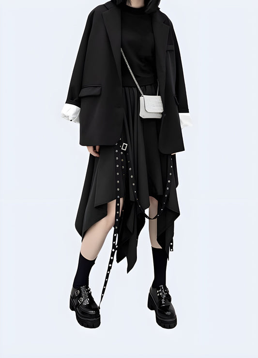 An edgy and innovative asymmetrical techwear skirt designed in the Canada, blending futuristic style with functional performance for a cutting-edge fashion statement.