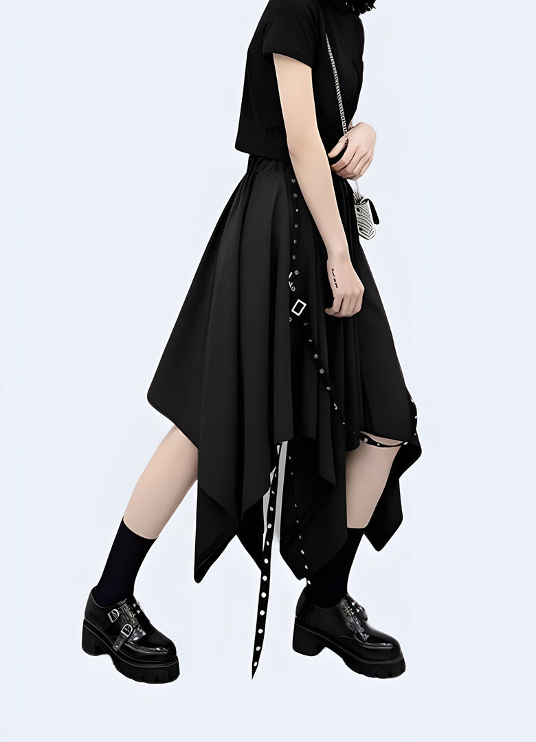 A right side view of a trendsetting asymmetrical techwear skirt, crafted in the Canada, highlighting the garment's bold, uneven hemline and modern, urban aesthetics.