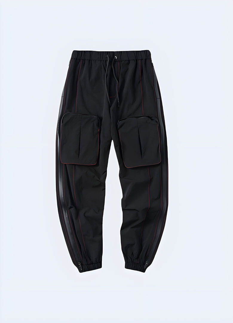Avant-garde cargo pants with unconventional design elements and multiple pockets, perfect for fashion-forward individuals seeking unique style in Canada. Front view of avant-garde cargo pants showcasing an innovative silhouette, asymmetrical details, and experimental fabrics, ideal for pushing fashion boundaries in Canada.