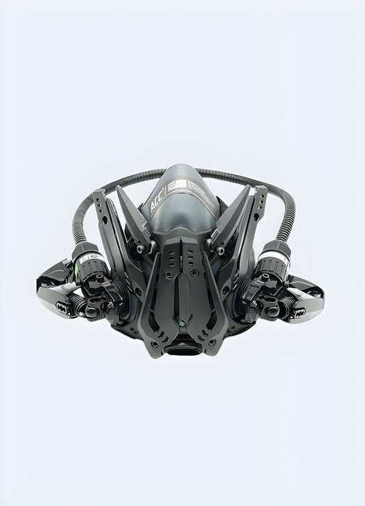 A front-side view of an avant-garde mask, highlighting its unique design and style, available in Canada.