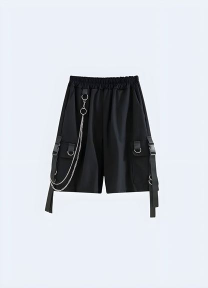 Stylish and comfortable baggy techwear long shorts with chain designed in the Canada, perfect for urban exploration, streetwear fashion, and functional performance.