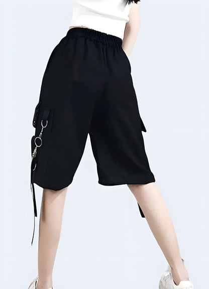 A back view of fashionable and functional baggy techwear shorts, crafted in the Canada, highlighting the garment's unique design and versatile style.