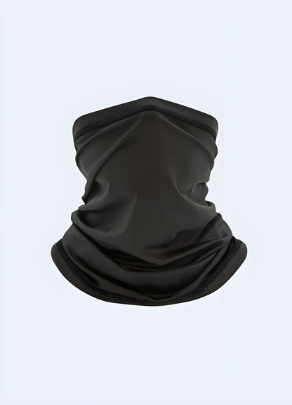 A front view of a black half-face balaclava, designed for warmth and protection, available in Canada.