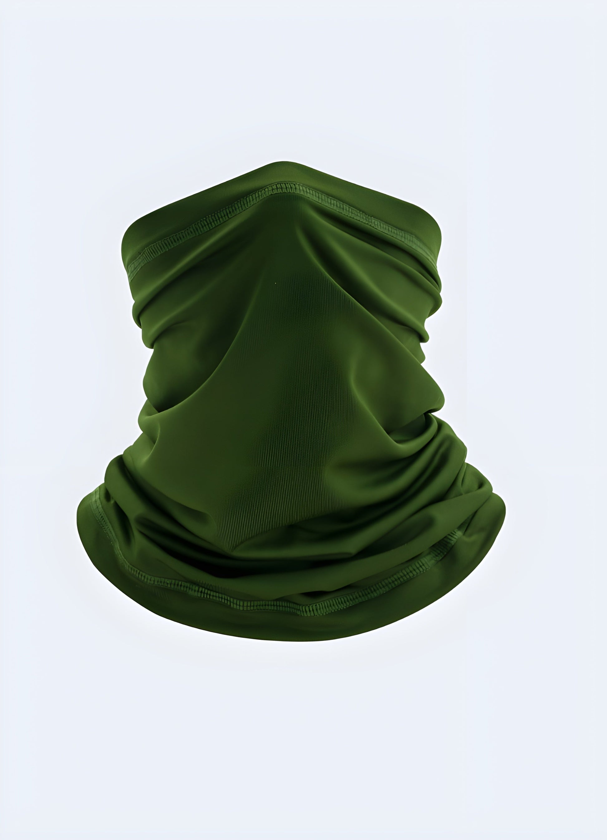 A front view of a dark green half-face balaclava, designed for warmth and protection, available in Canada.