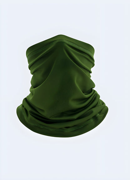 A front view of a dark green half-face balaclava, designed for warmth and protection, available in Canada.