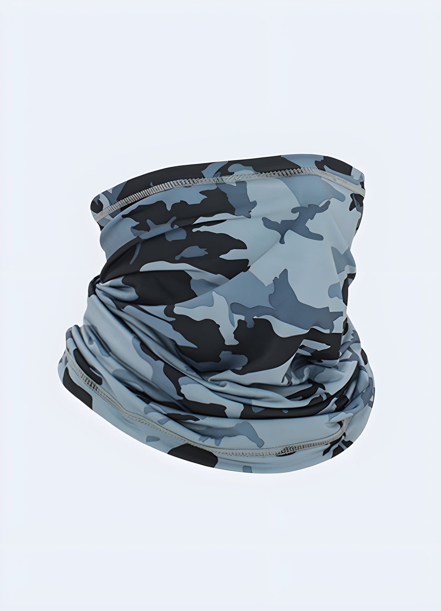 A front view of a grey camo half-face balaclava, designed for warmth and protection, available in Canada.