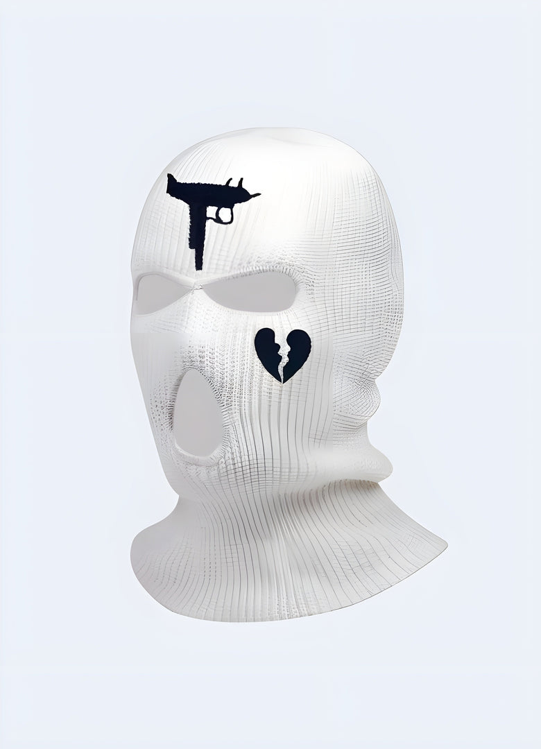 White balaclava with Uzi print, offering style and protection for various environments Canada.