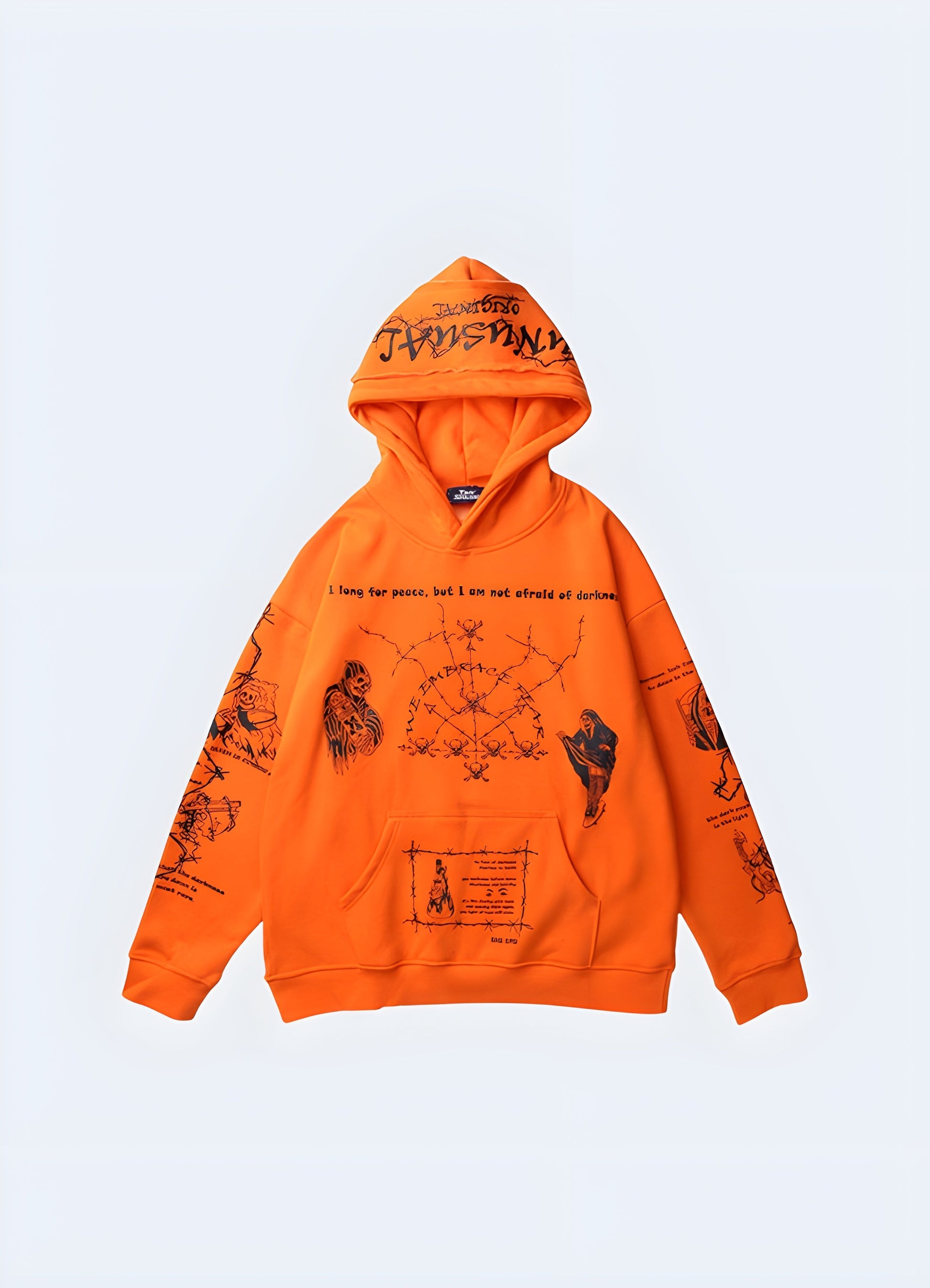 Barbed wire hoodie in orange, front view, showcasing its vibrant color and distinctive design available in Canada.