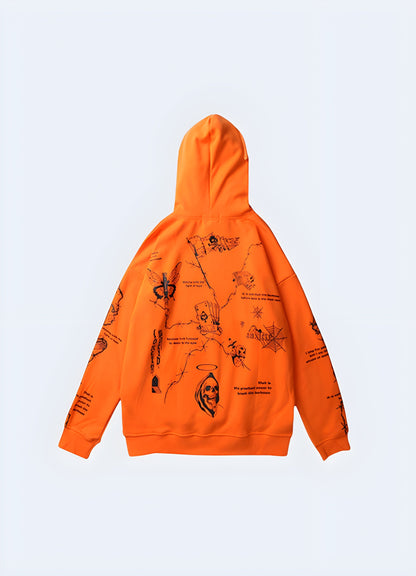 Barbed wire hoodie in orange, back view, emphasizing its striking barbed wire graphics and modern appeal available in Canada.