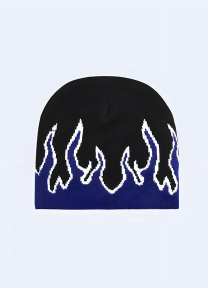 Front view of a green beanie with flames, displaying striking flame designs in vivid detail, available in Canada.