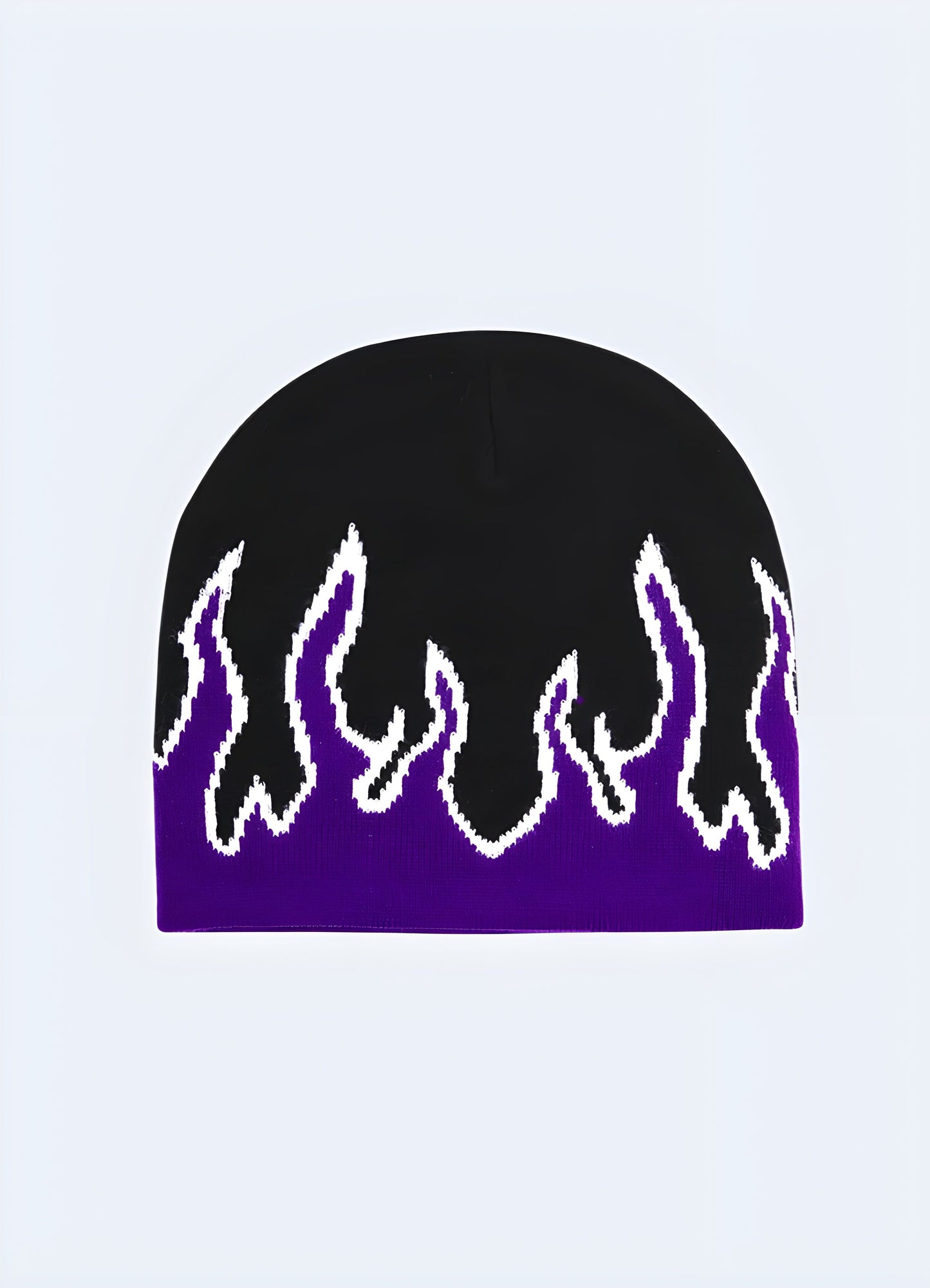 Woman wearing a beanie with flames, front view, highlighting how the fiery design adds an edgy touch to her outfit, available in Canada.