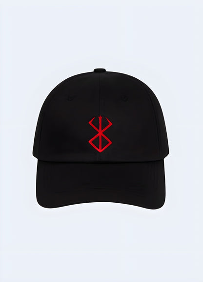 The cap is black with the iconic berserk brand logo prominently embroidered on the front in bold red and white stitching Canada. 