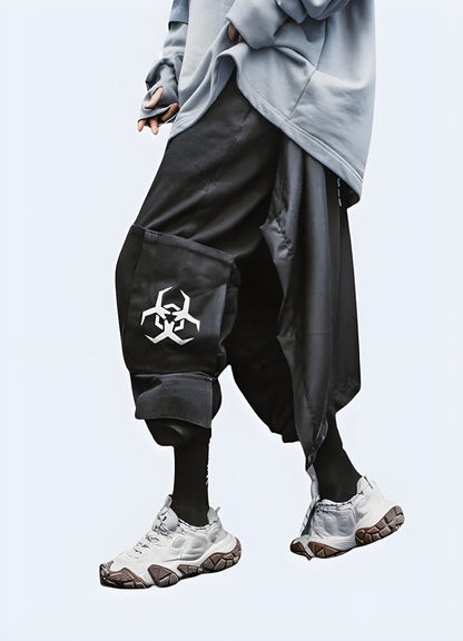 Man wearing biohazard pants in the Canada, showcasing the edgy design elements from a side view, ideal for those seeking a daring look.