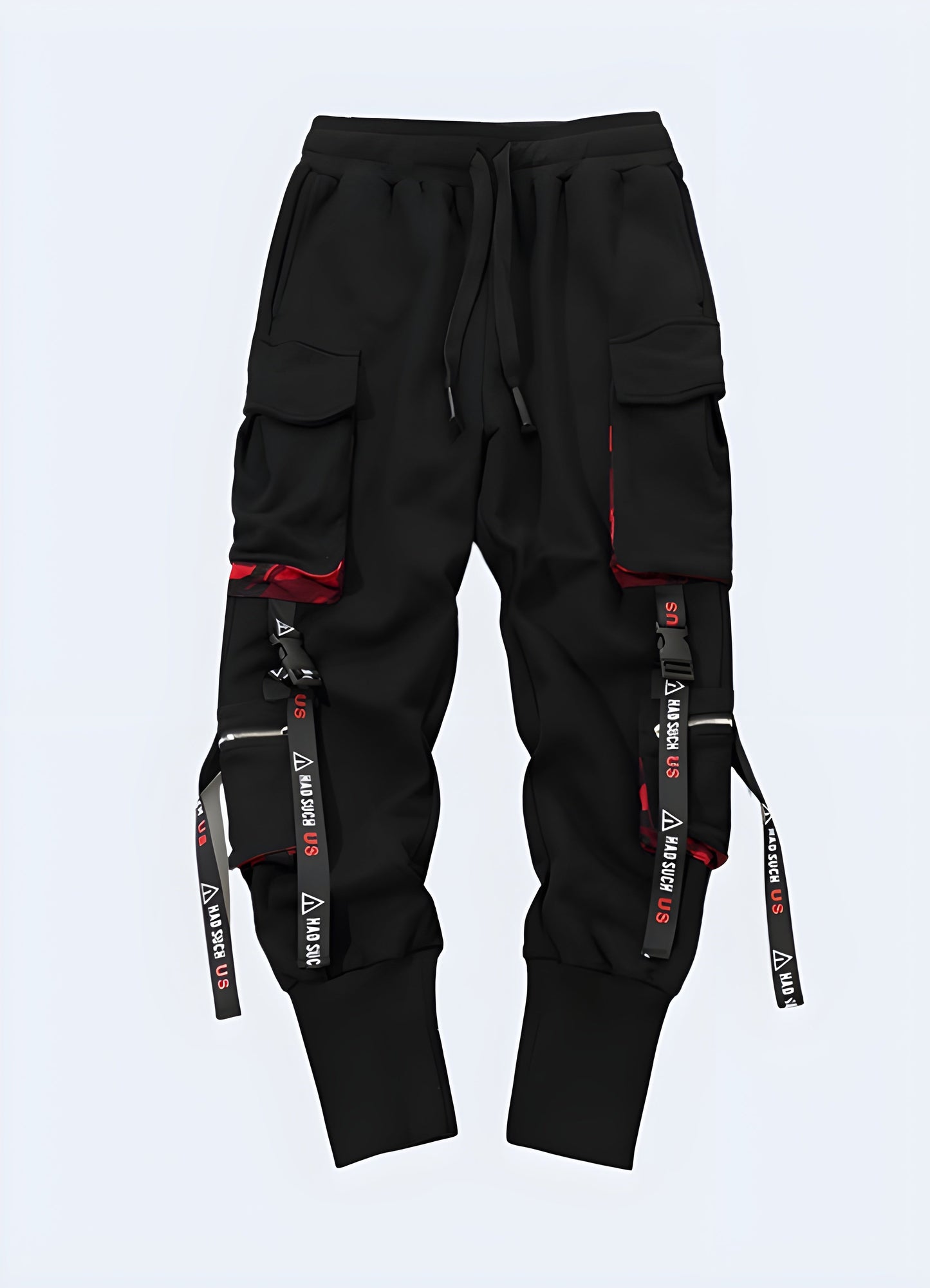 Front view of eye-catching black and red cargo pants with straps in Canada, showcasing their unique design and practical features that combine style and utility for fashion-forward individuals.