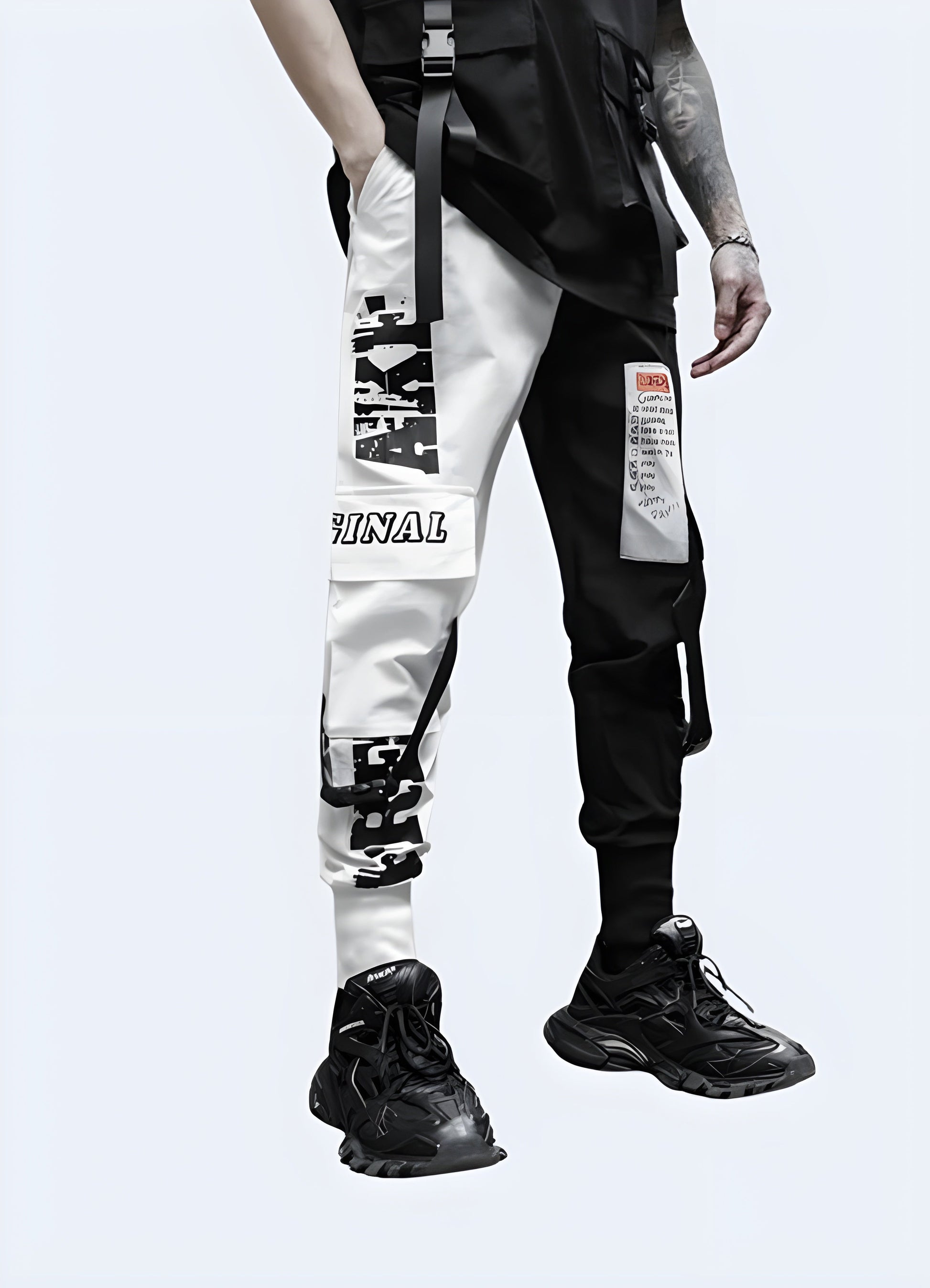 Monochromatic black and white cargo pants with multiple pockets and durable fabric, perfect for making a fashion statement while enjoying functionality in Canada.