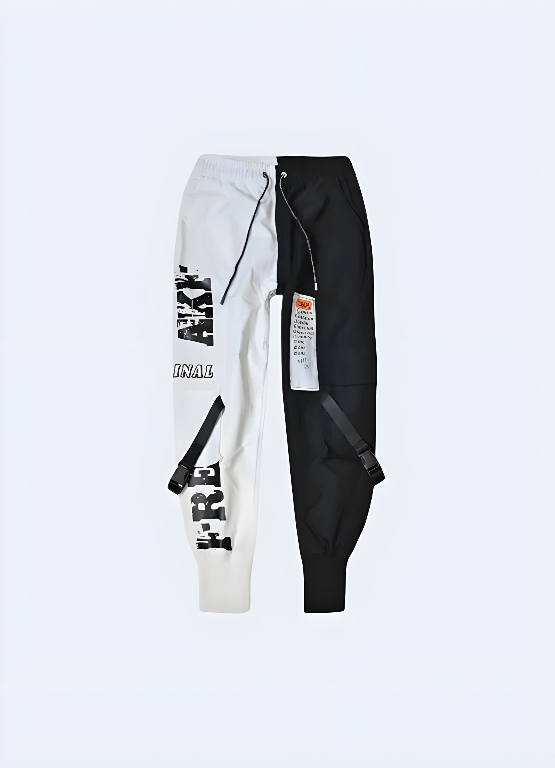 Front view of eye-catching black and white cargo pants featuring a unique pattern and practical design, ideal for urban adventures and streetwear style in Canada.